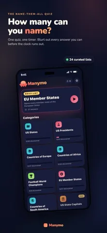 Manymo home screen showing the daily list EU Member States above a grid of quiz categories