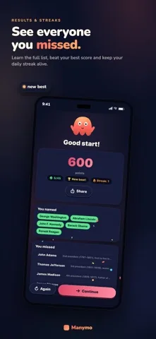 Results screen with a score of 600, a new personal best, a streak, and the list of missed answers